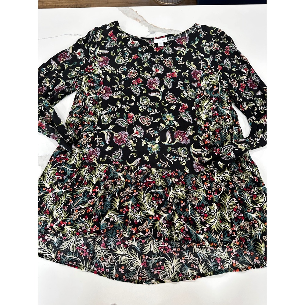 J. Jill Womens Large Petite Floral Paisley Rayon Ruffle Hem Tunic Top Black LP